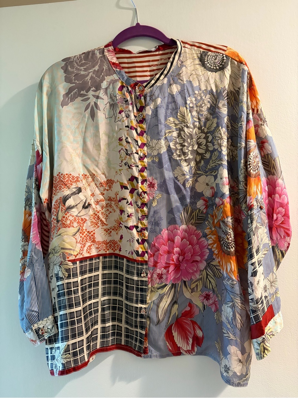 Johnny Was Red and Cream Striped silk blouse with Label